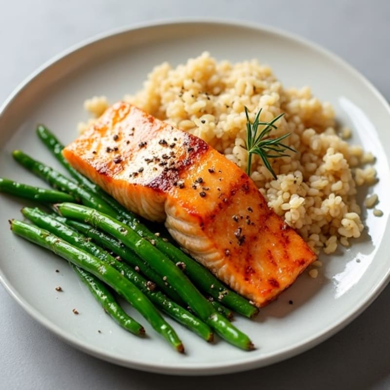 Seared Salmon with Garlic Green Beans and Brown Rice
