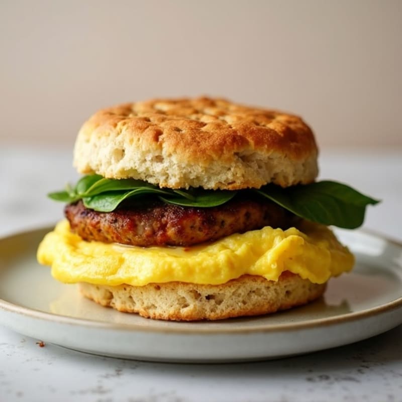Healthy Biscuit Sandwich with Fluffy Eggs and Lean Turkey Sausage