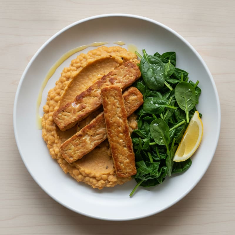 Seared Tempeh with Steamed Greens and Lentil Mash