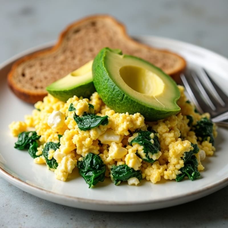 Egg White and Spinach Scramble with Cottage Cheese and Sliced Avocado