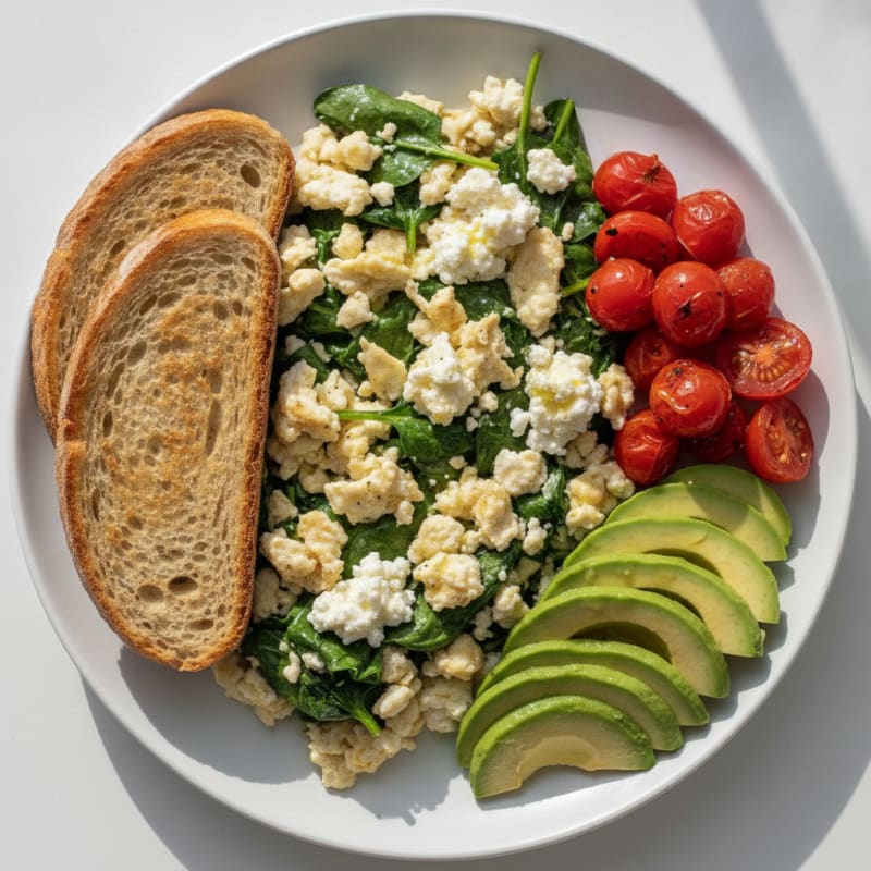 Egg White and Spinach Scramble with Cottage Cheese and Cherry Tomatoes