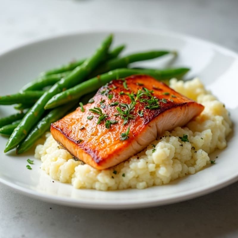 Seared Salmon with Garlic Green Beans and Cauliflower Mash
