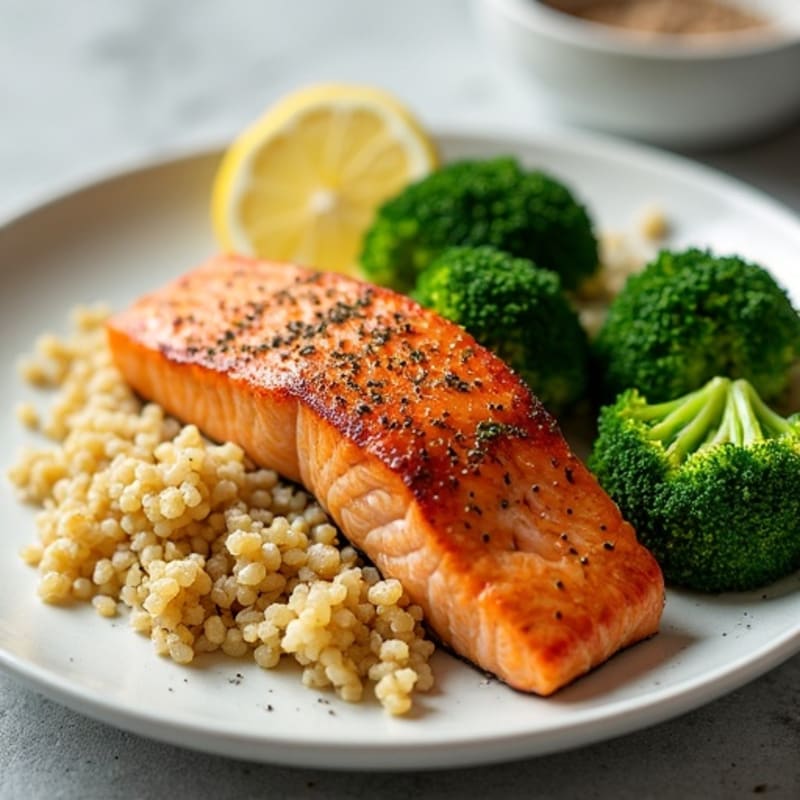 Seared Salmon Fillet with Steamed Broccoli and Quinoa