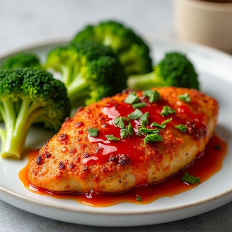 Crispy Baked Chicken with Sweet and Spicy Glaze and Steamed Broccoli