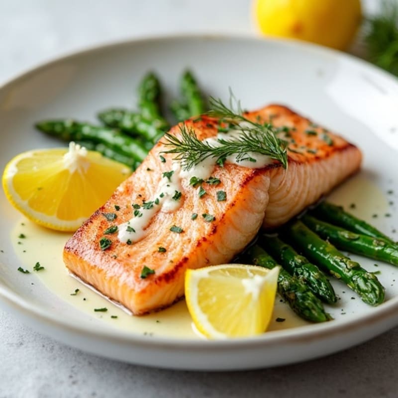 Seared Salmon with Steamed Asparagus and Lemon-Dill Yogurt Sauce