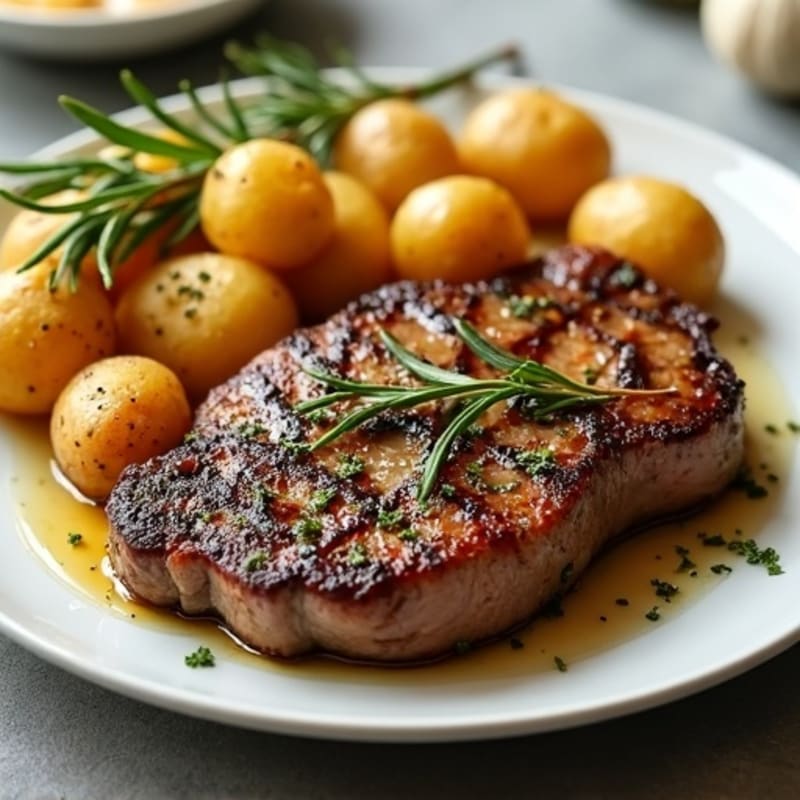 Pan-Seared Garlic Herb Steak with Crispy Roasted Potatoes