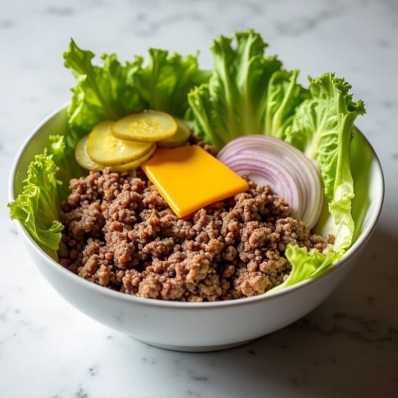 Lean Ground Beef Big Mac Bowl with Crisp Lettuce and Creamy Tangy Dressing