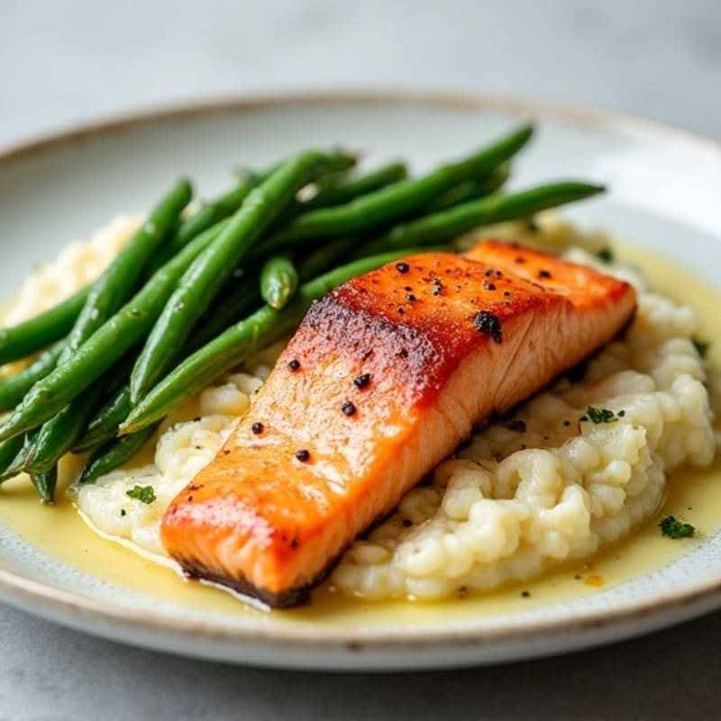 Seared Salmon with Garlic Green Beans and Cauliflower Mash