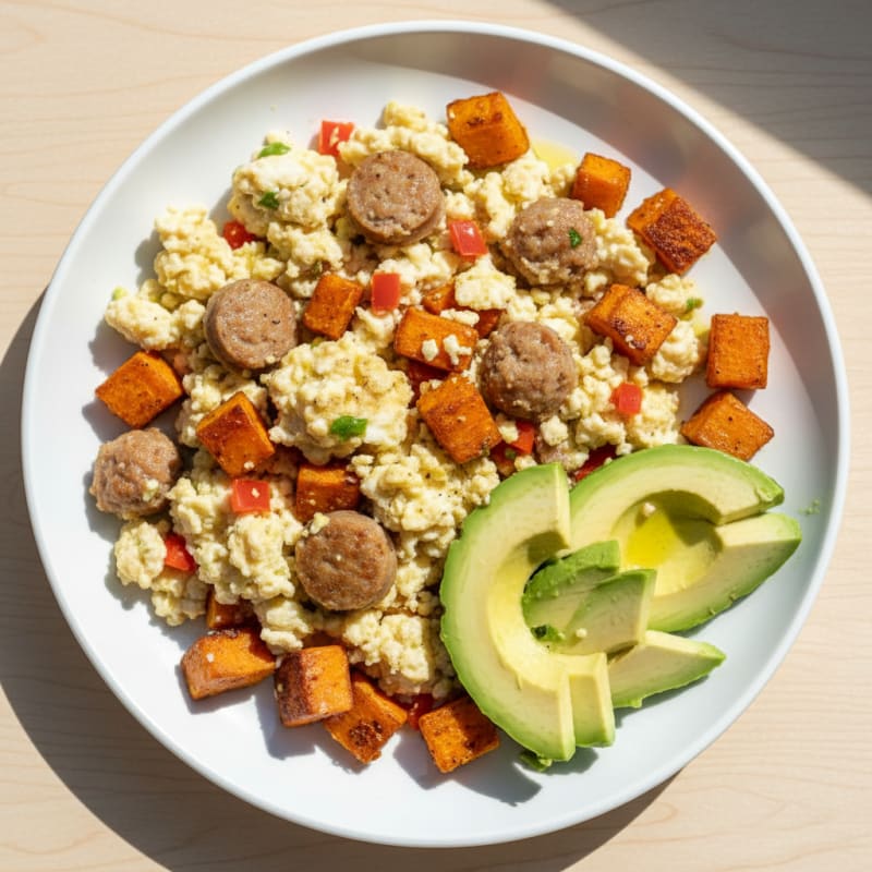 Egg White and Turkey Sausage Scramble with Roasted Sweet Potato