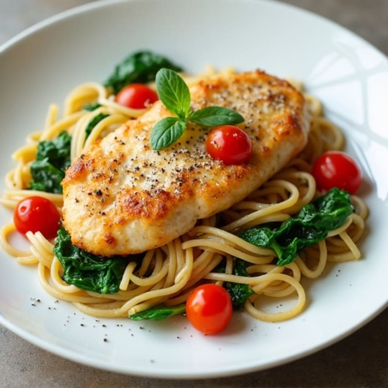 Lemon Garlic Chicken Pasta with Fresh Spinach and Cherry Tomatoes