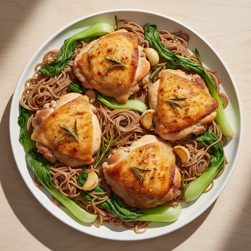 Garlic Herb Roasted Chicken Thighs with Rice Noodles