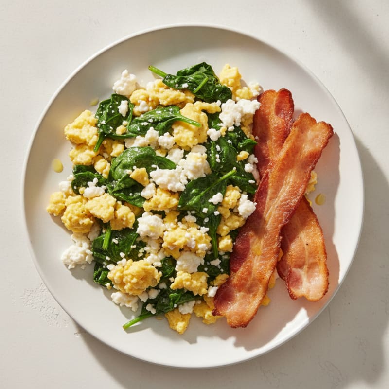 Cottage Cheese Egg Scramble with Sautéed Spinach and Turkey Bacon