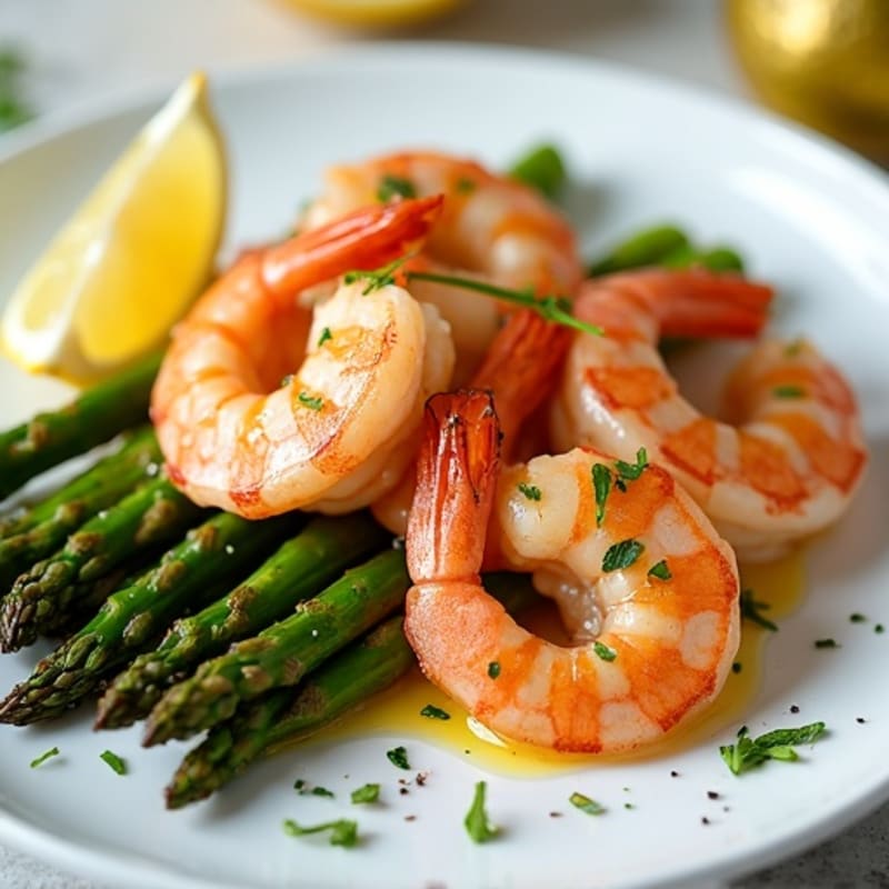 Lemon Garlic Pan-Seared Prawns with Roasted Asparagus