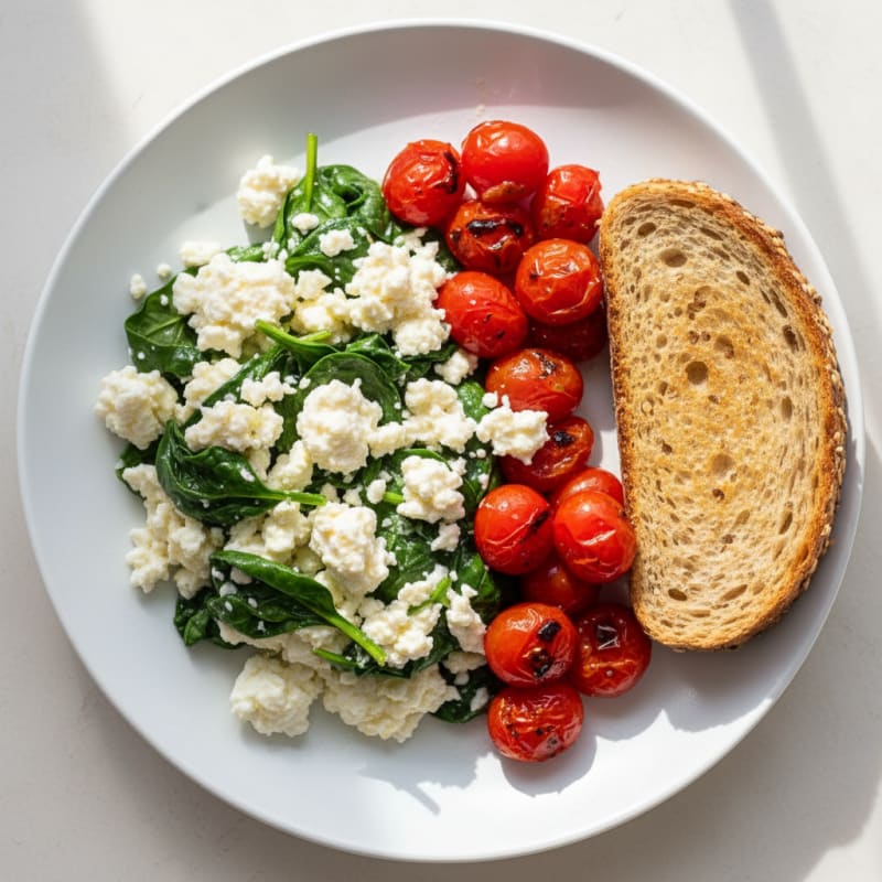 Egg White and Spinach Scramble with Cottage Cheese and Sautéed Cherry Tomatoes
