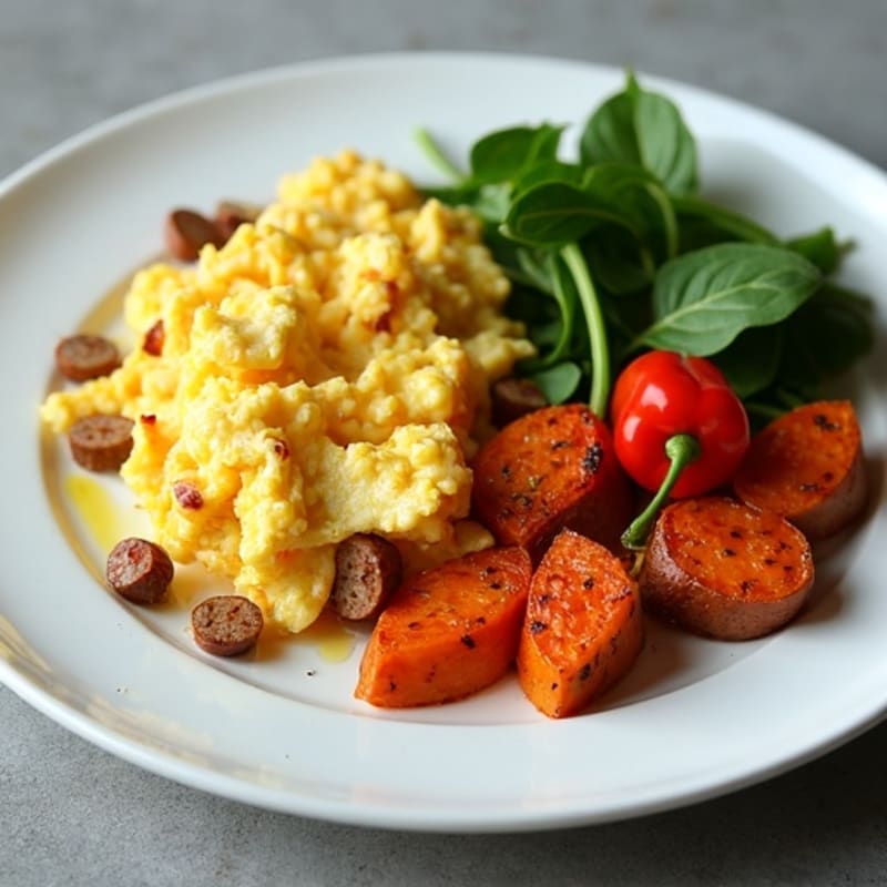 Egg White and Turkey Sausage Scramble with Roasted Sweet Potatoes