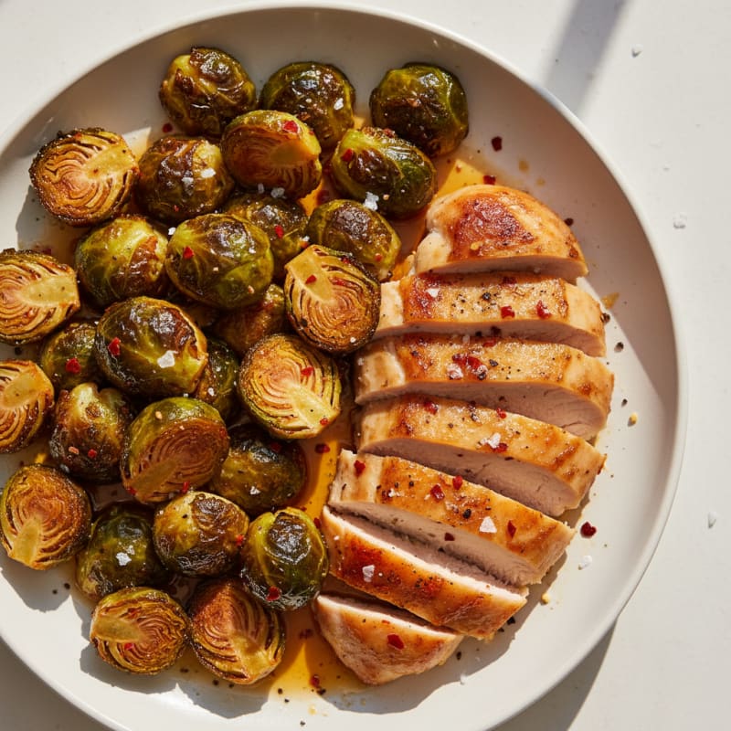 Hot Honey Roasted Brussels Sprouts with Chicken