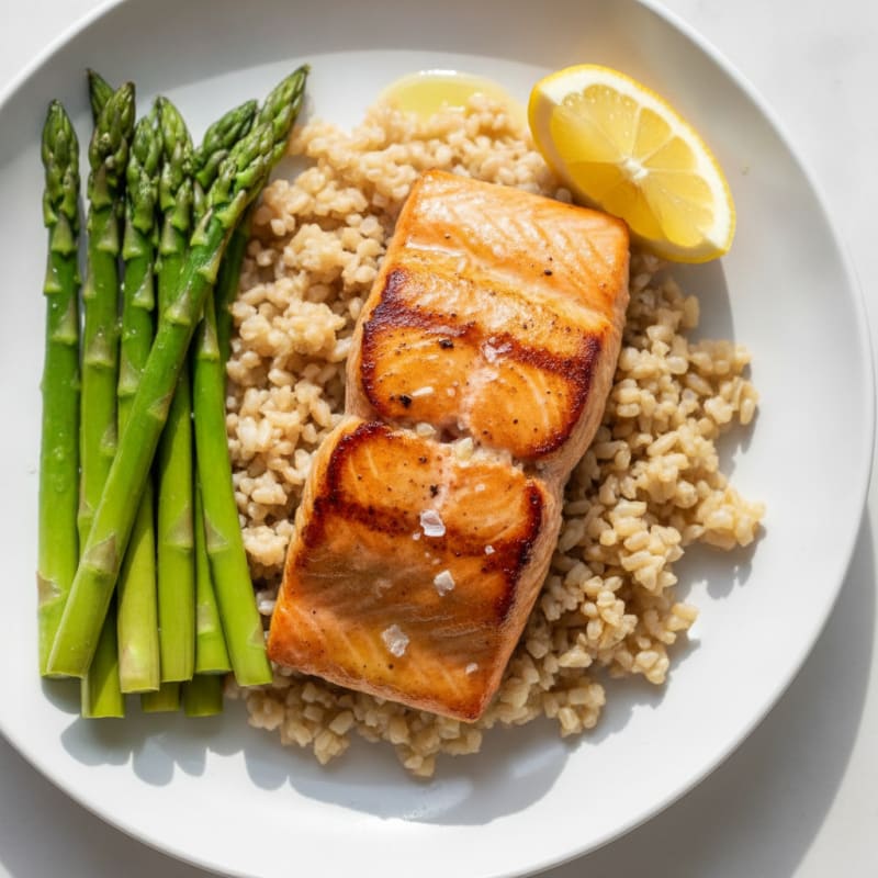 Seared Salmon Filet with Steamed Asparagus and Brown Rice