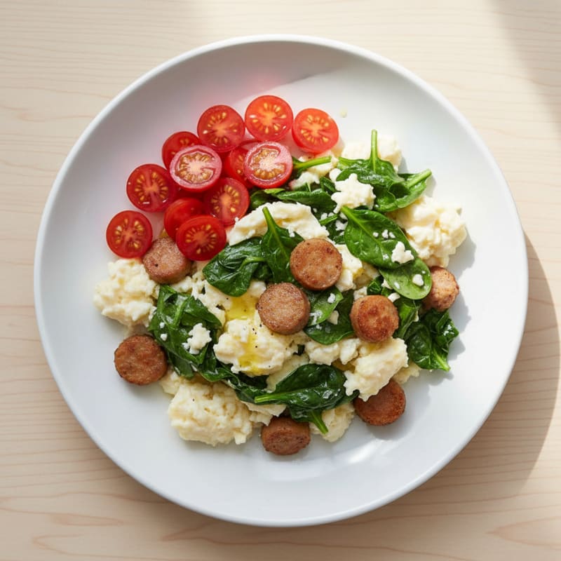 Scrambled Egg Whites with Turkey Sausage and Sautéed Spinach
