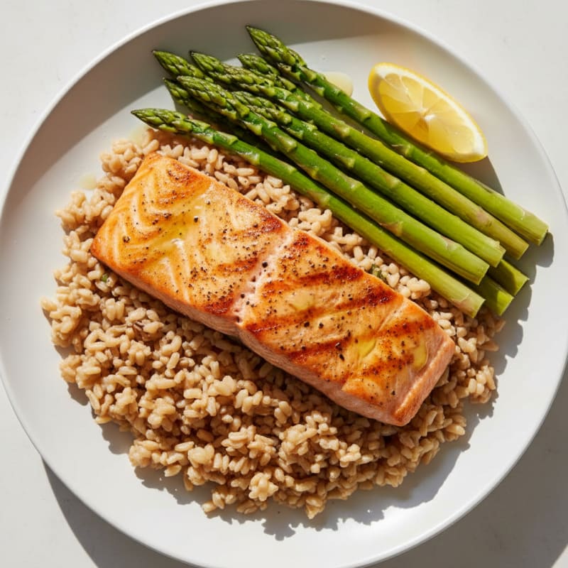 Seared Salmon with Steamed Asparagus and Brown Rice