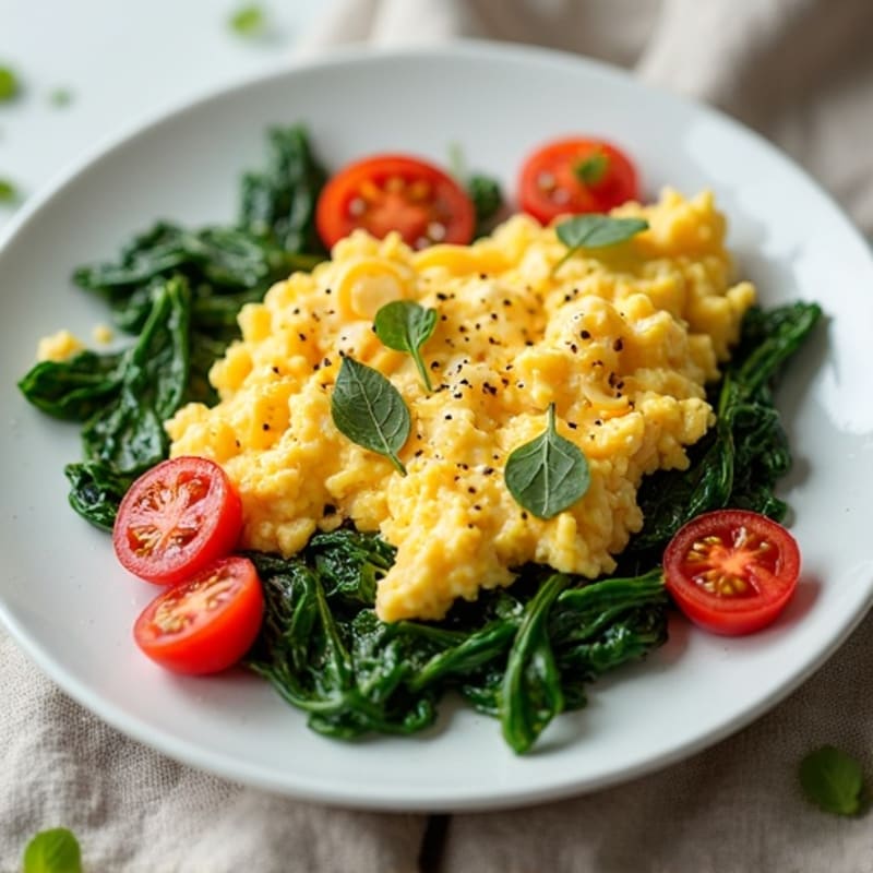 Cottage Cheese and Egg Scramble with Sautéed Spinach and Tomatoes