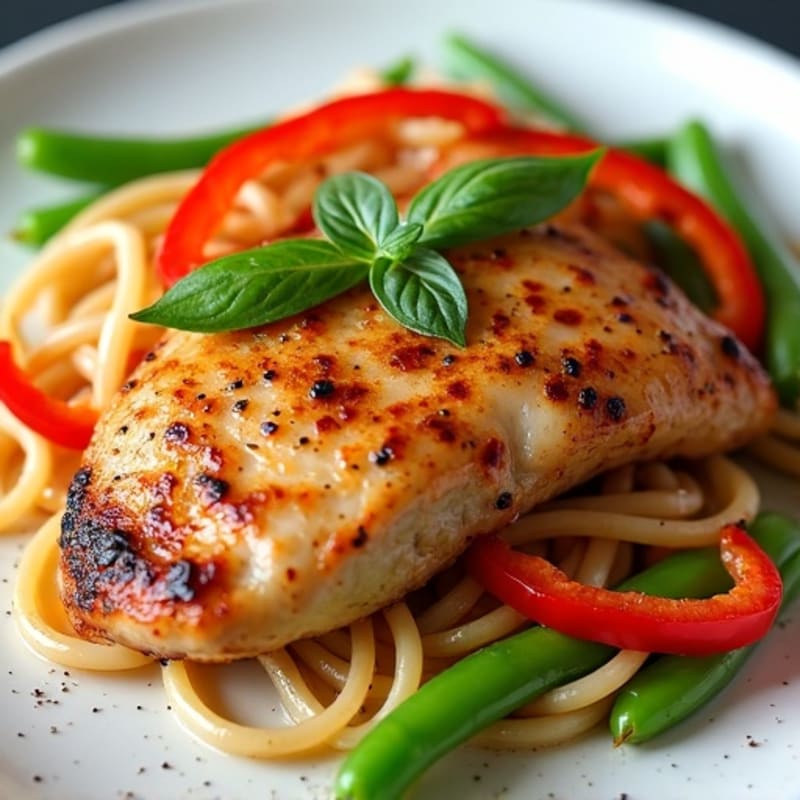Pan-Seared Chicken with Silky Udon and Crisp Vegetables