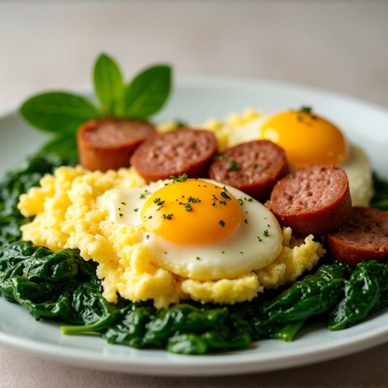 Scrambled Eggs with Turkey Sausage and Sautéed Spinach