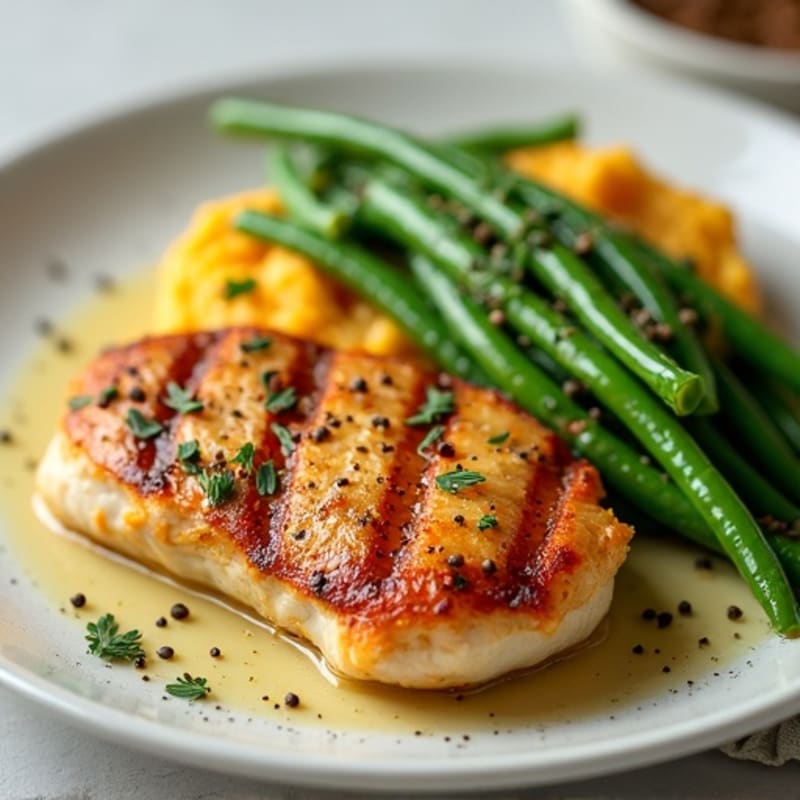 Seared Chicken Breast with Garlic Green Beans and Mashed Sweet Potatoes