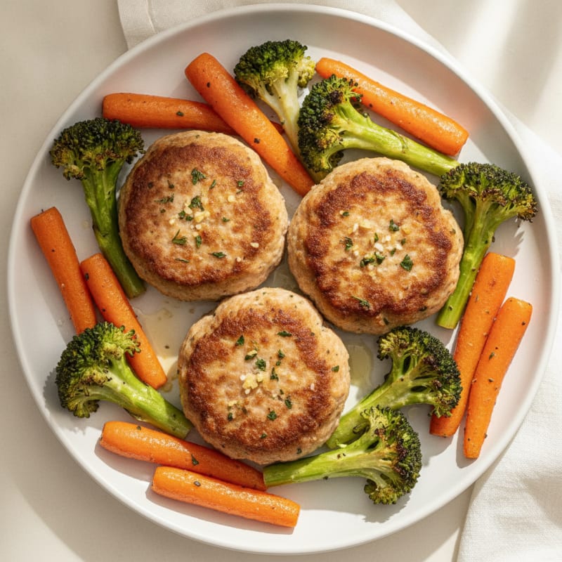 Seared Turkey Patties with Roasted Carrots and Broccoli