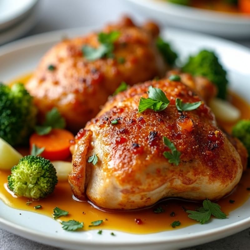 Crispy Roasted Chicken Thighs with Roasted Mirepoix and Broccoli