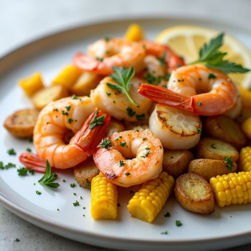 Roasted Zesty Herb Seafood Medley with Crispy Potatoes and Sweet Corn