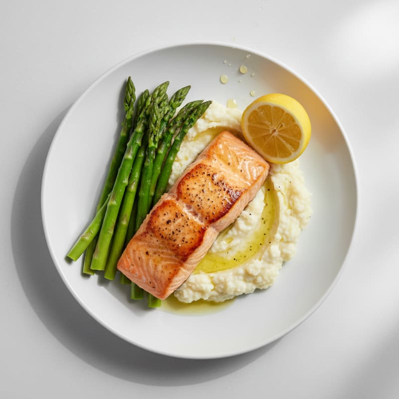 Seared Salmon with Steamed Asparagus and Cauliflower Mash