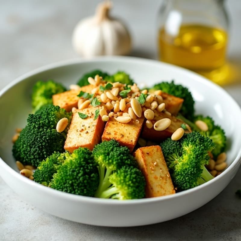 Garlic-Lemon Steamed Broccoli with Toasted Pine Nuts and Tofu
