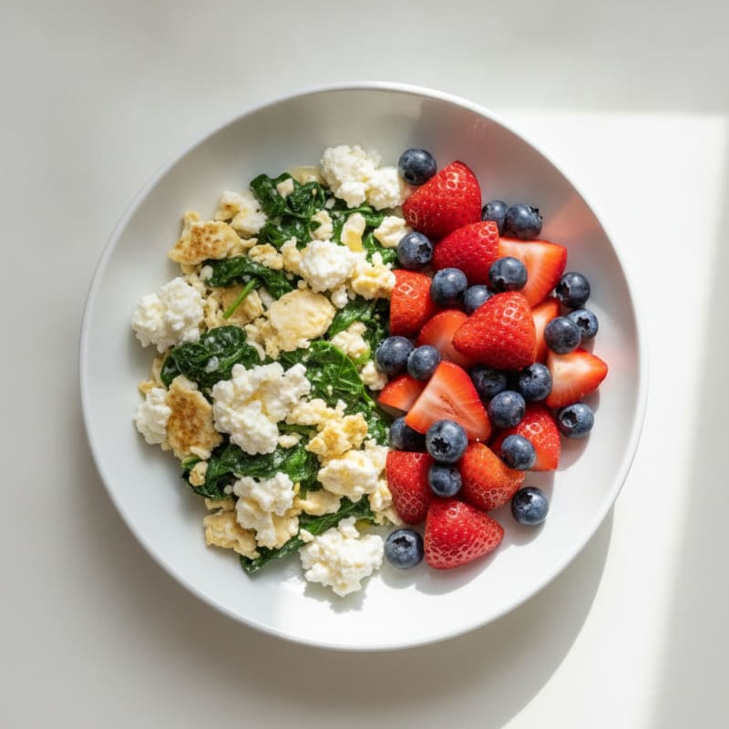 Egg White Spinach Scramble with Cottage Cheese and Fresh Berries