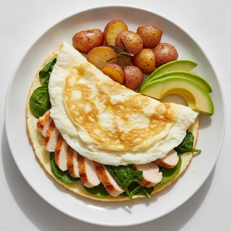 Fluffy Egg White Omelette with Sautéed Spinach and Grilled Chicken