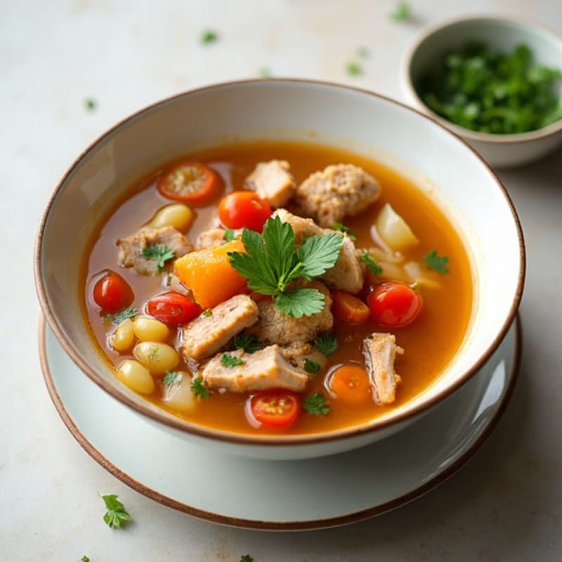 Lean Pork and Hominy Soup with Fresh Garnishes