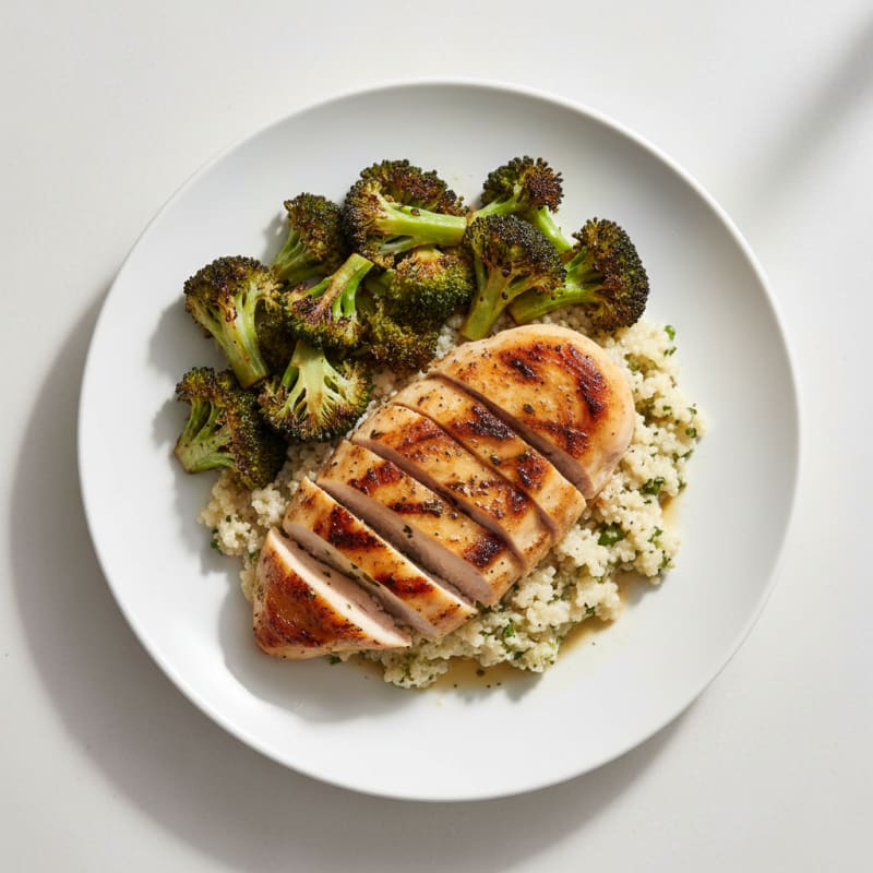 Grilled Chicken Breast with Creamy Quinoa and Roasted Broccoli