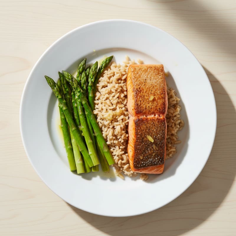Seared Salmon Fillet with Steamed Asparagus and Brown Rice