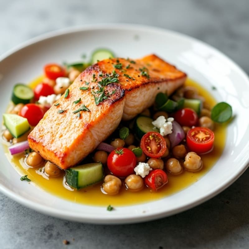 Seared Salmon with Chickpea Tomato Salad and Olive Oil Drizzle
