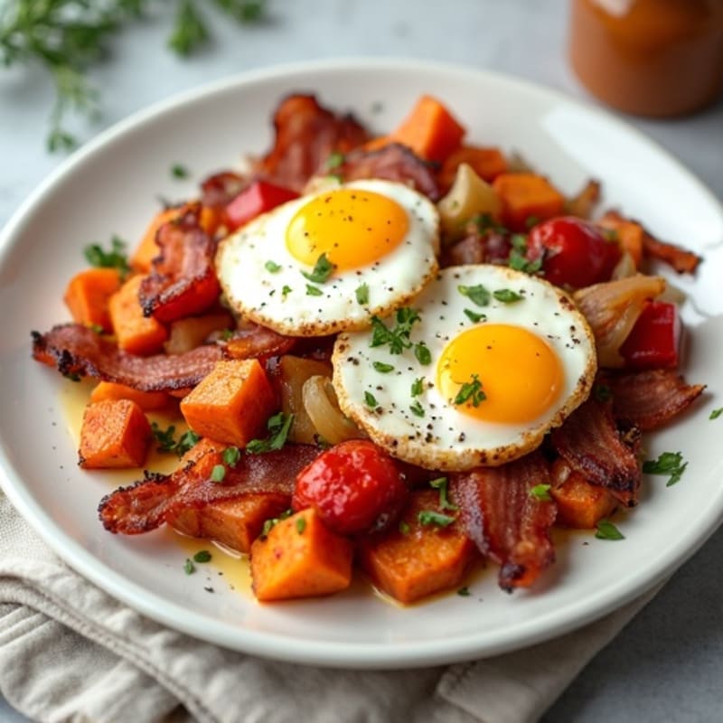 Crispy Turkey Bacon and Egg Hash with Roasted Sweet Potatoes