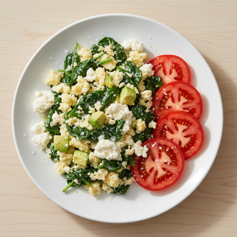 Egg White Spinach Scramble with Cottage Cheese and Sliced Tomatoes