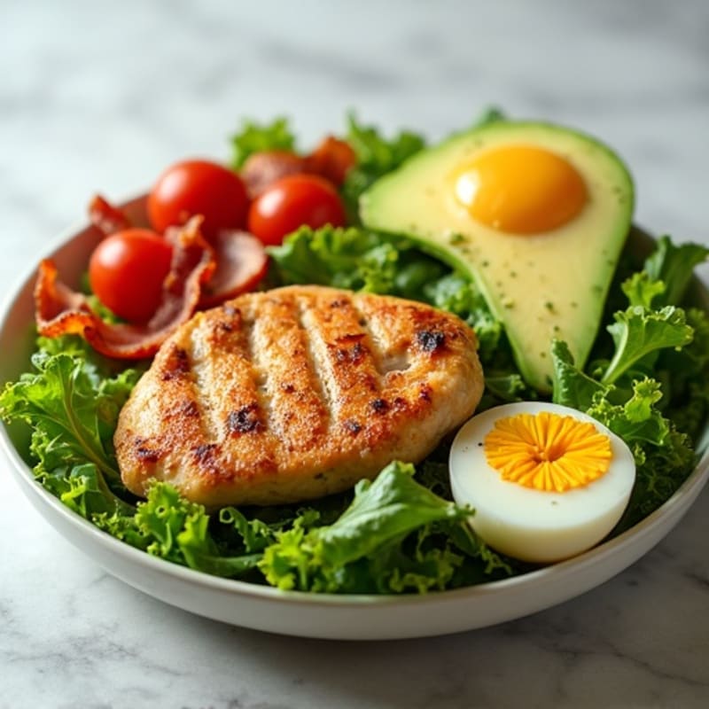 Grilled Chicken Salad with Fresh Greens, Hard-Boiled Egg, Crispy Bacon, and Creamy Avocado