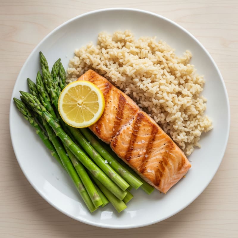 Seared Salmon Fillet with Steamed Asparagus and Brown Rice