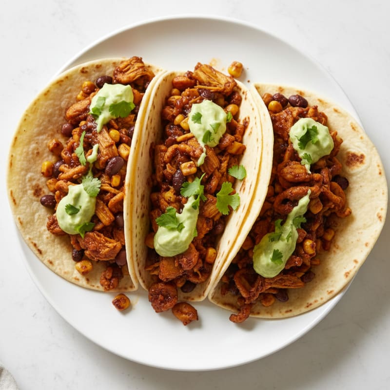 Jackfruit Adobo Tacos with Avocado Crema