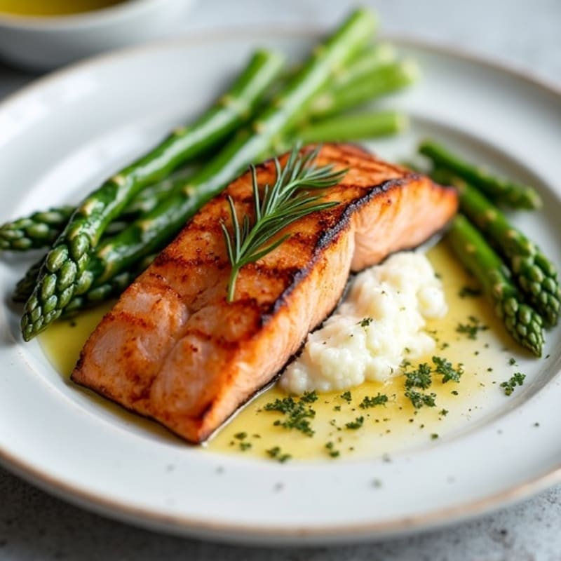 Seared Salmon with Steamed Asparagus and Cauliflower Mash