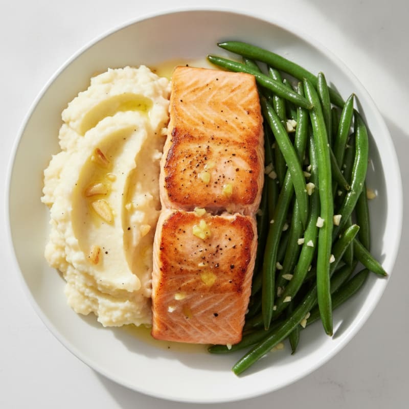 Seared Salmon with Garlic Green Beans and Cauliflower Mash