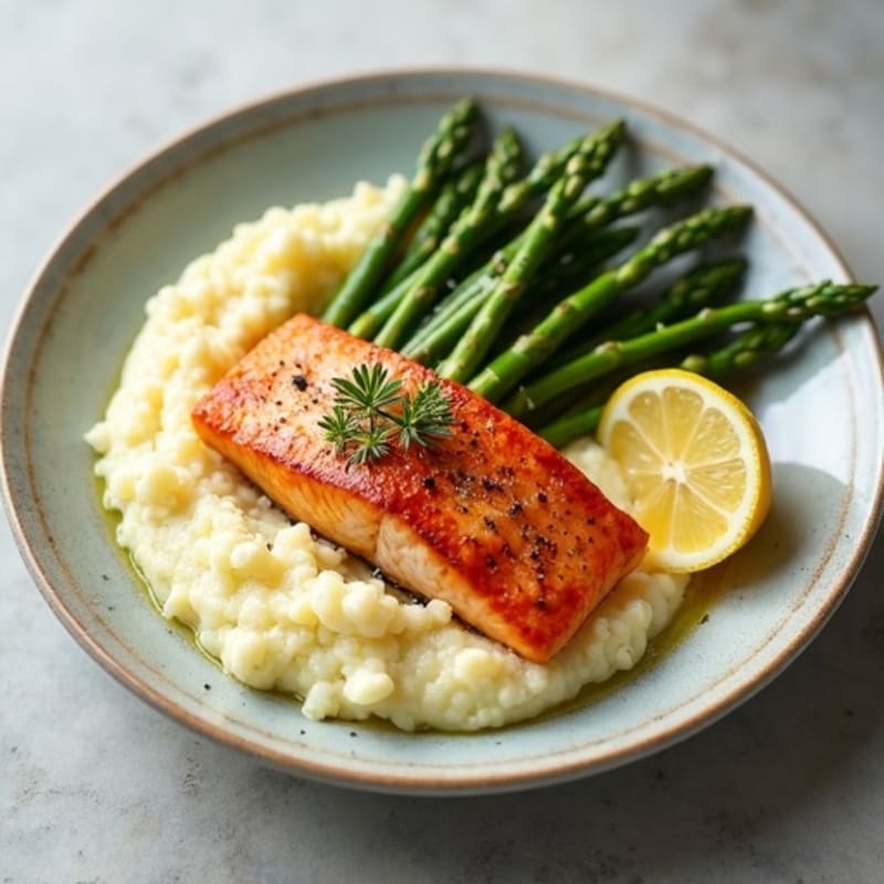 Seared Salmon Fillet with Steamed Asparagus and Cauliflower Mash