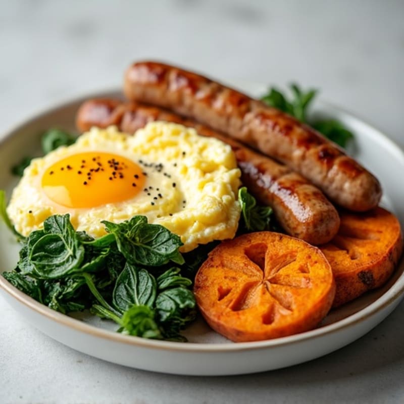 Egg White and Turkey Sausage Scramble with Spinach and Roasted Sweet Potato