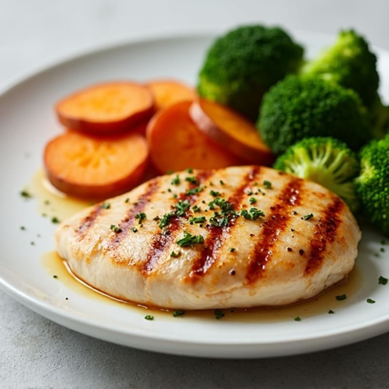 Grilled Chicken Breast with Roasted Sweet Potato and Broccoli