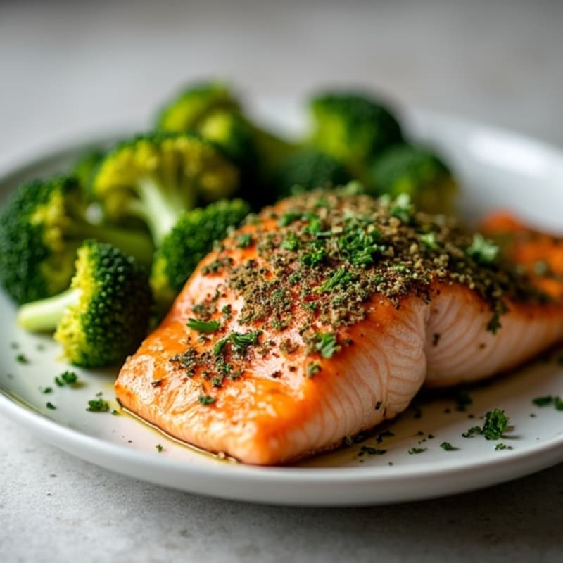 Herb-Crusted Pan Seared Salmon with Roasted Broccoli