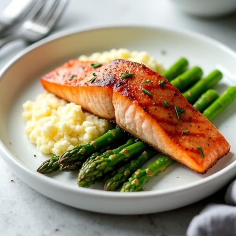 Seared Salmon with Steamed Asparagus and Cauliflower Mash